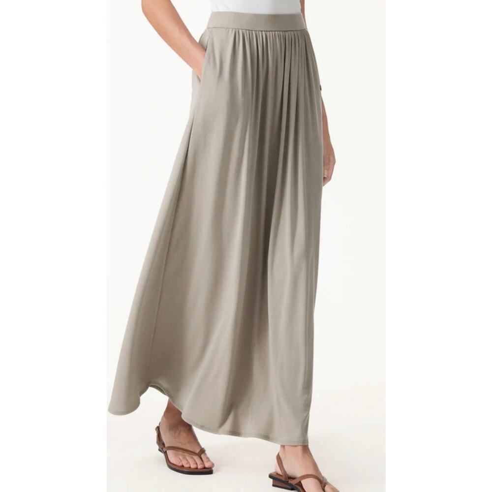 OGL Tencel-Linen Soft Linen Knit Gathered A-Line Maxi Skirt with Pockets MP